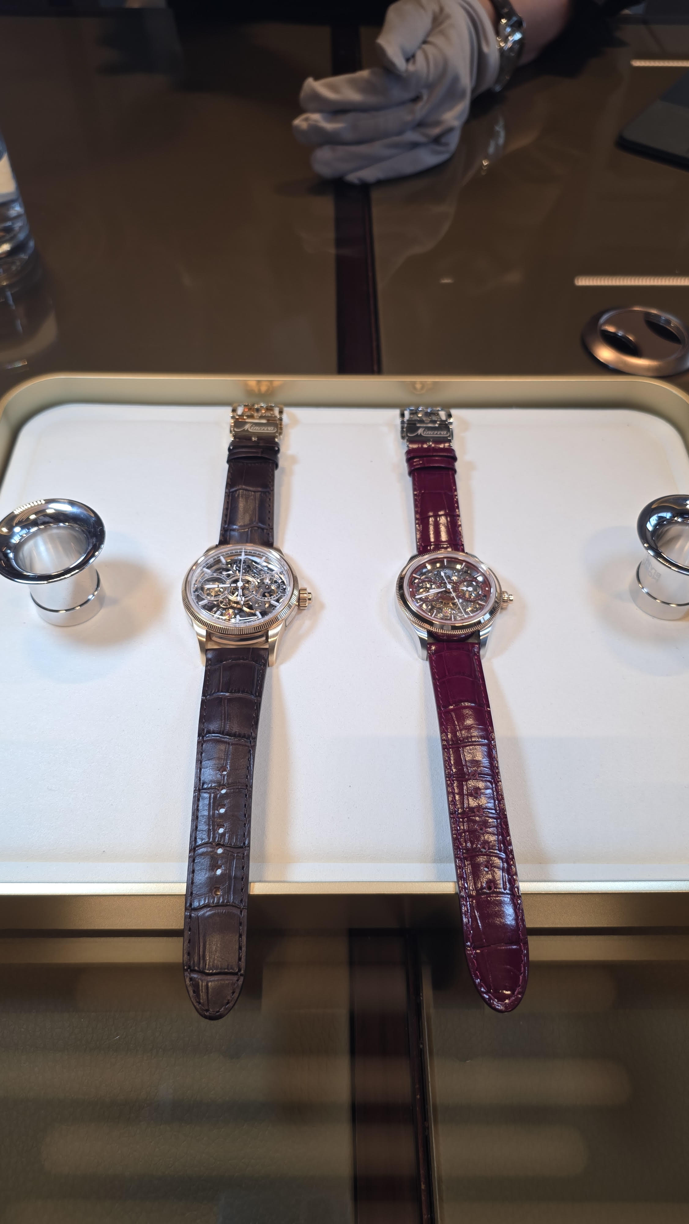 Hand-crafted Minerva timepieces displayed in the session